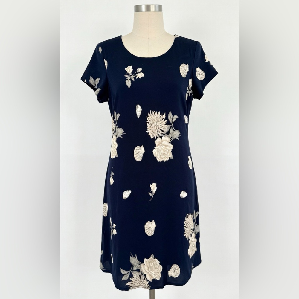 Vintage Dress Navy Floral and Seashells Short Sleeve Size 12P Jessica Howard
